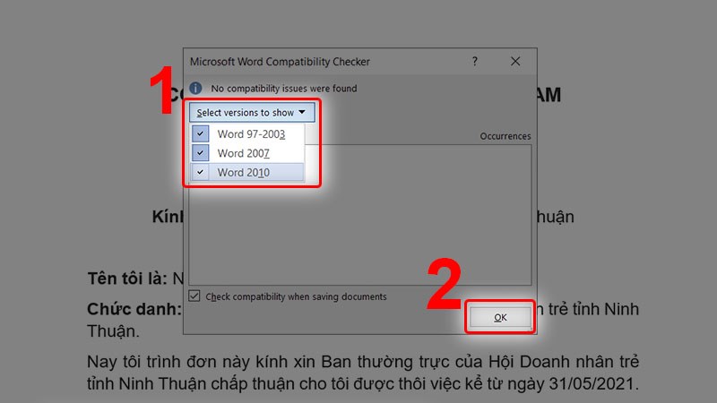 Chọn Select Version to Show và chọn phiên bản Word rồi nhấn OK Chọn Select Version to Show và chọn phiên bản Word rồi nhấn OK
