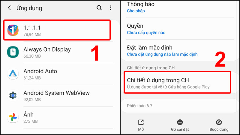 Chọn ứng dụng muốn gỡ cài đặt cập nhật kéo xuống chọn Chi tiết ứng dụng trong CH Play