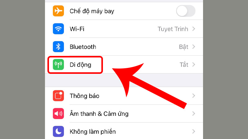Vào mục Di động ở phần Cài đặt