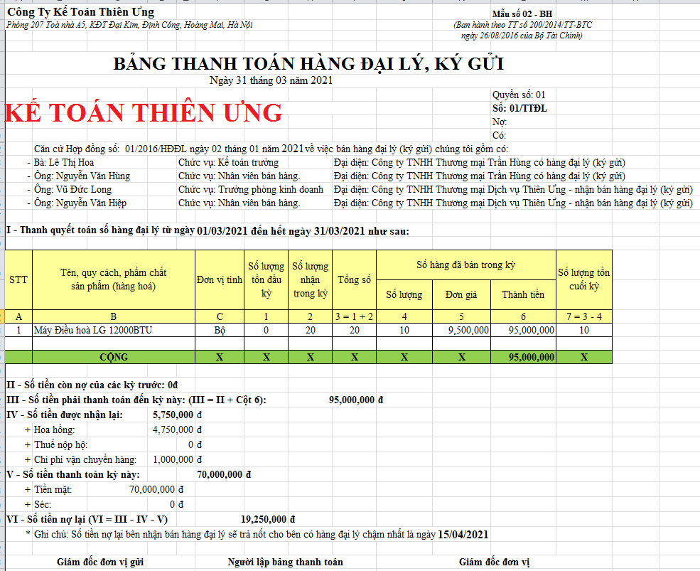 Bảng thanh toán hàng đại lý, ký gửi