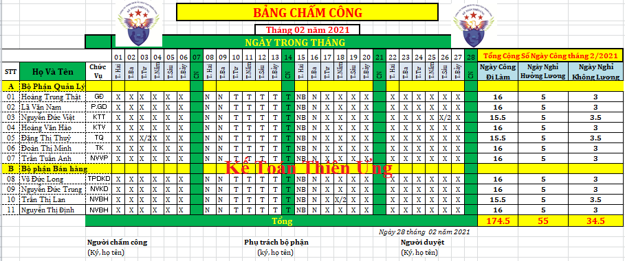 Mẫu bảng chấm công mới nhất năm 2021 Mẫu bảng chấm công mới nhất năm 2021