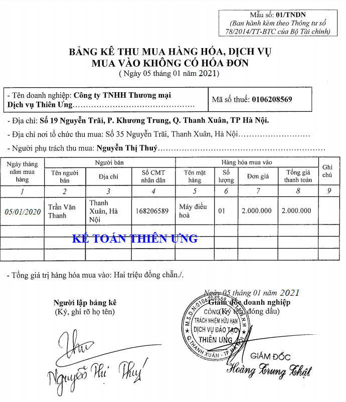 Mẫu bảng kê 01/TNDN