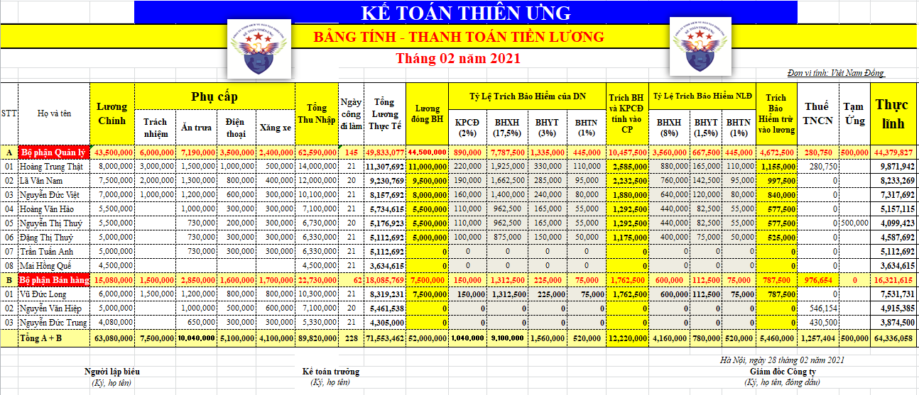 Mẫu bảng tính lương năm 2021 mới nhất Mẫu bảng tính lương năm 2021 mới nhất