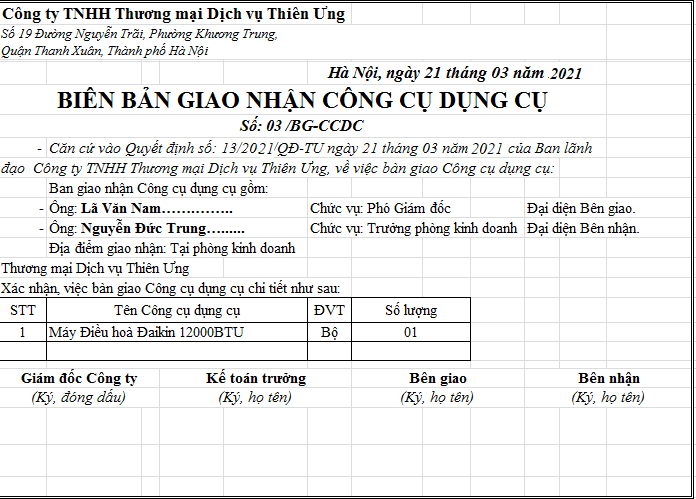 Mẫu biên bản bàn giao