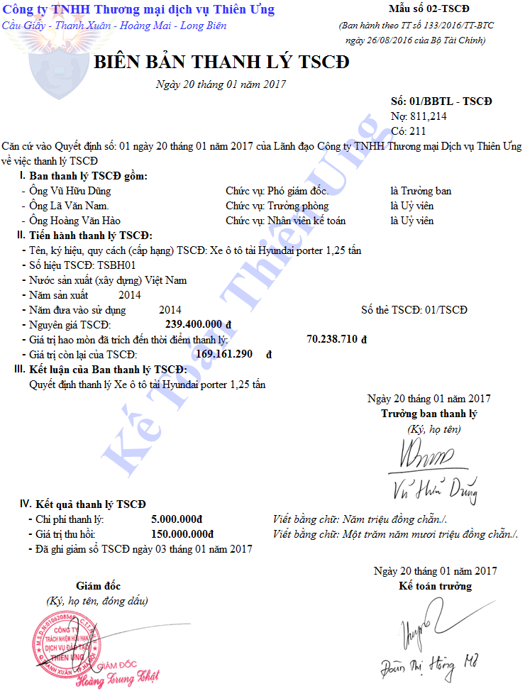 Mẫu biên bản thanh lý tscđ theo tt 133