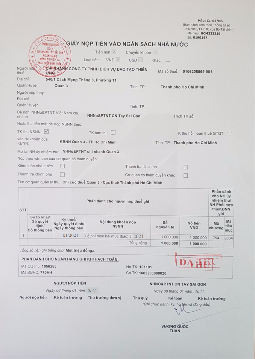 Mẫu giấy nộp tiền C1-02/NS mới nhất năm 2021