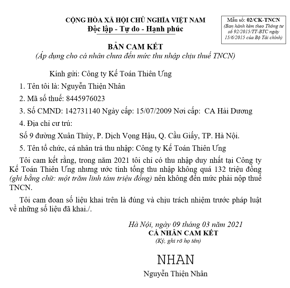 Mẫu 02/KK-TNCN cam kết thu nhập