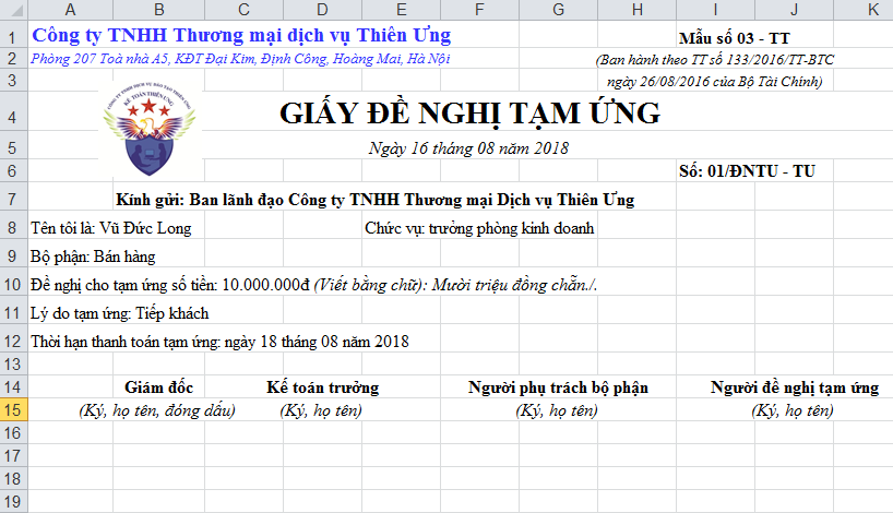 Mẫu giấy đề nghị tạm ứng