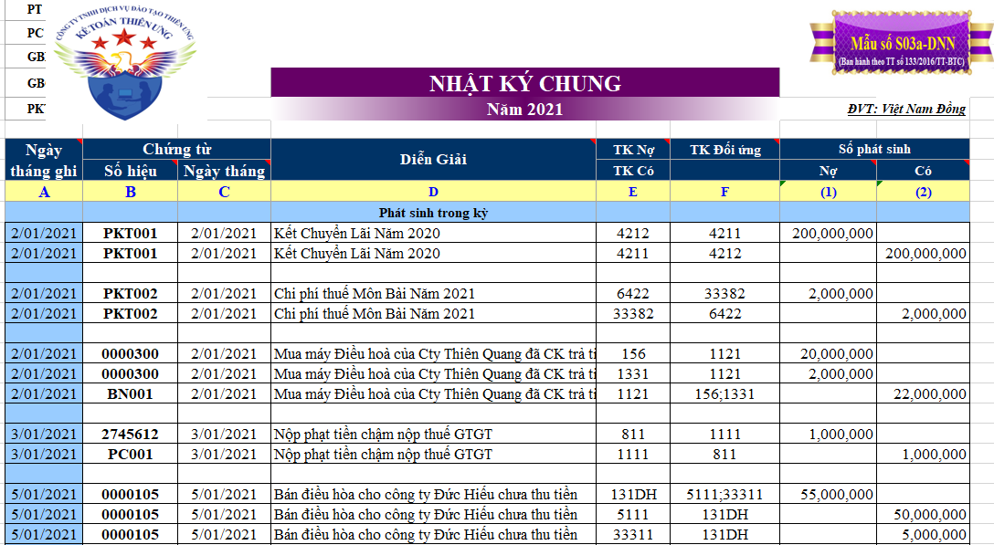 Mẫu sổ nhật ký chung trên Excel Mẫu sổ nhật ký chung trên Excel