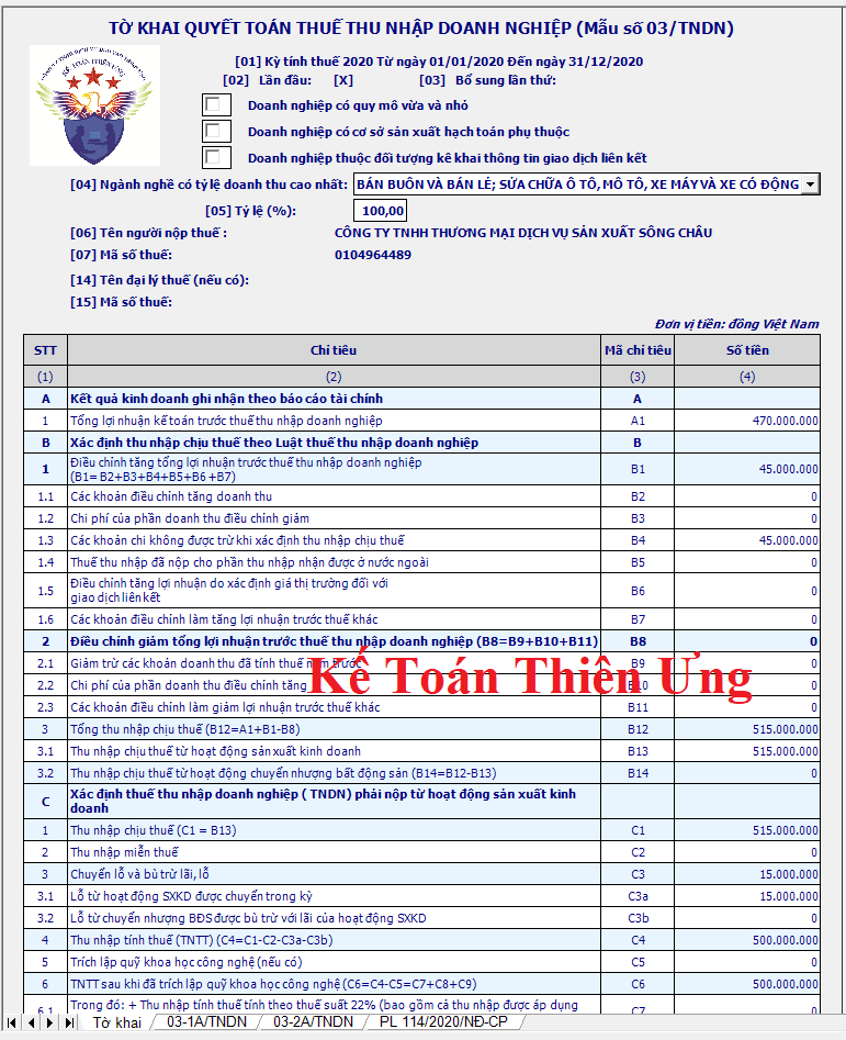 Mẫu tờ khai quyết toán thuế TNDN mẫu 03/TNDN