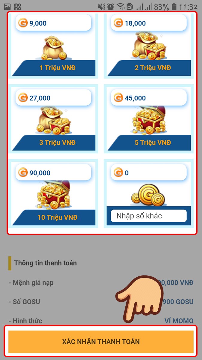 Chọn mệnh giá muốn nạp và chọn XÁC NHẬN THANH TOÁN Chọn mệnh giá muốn nạp và chọn XÁC NHẬN THANH TOÁN
