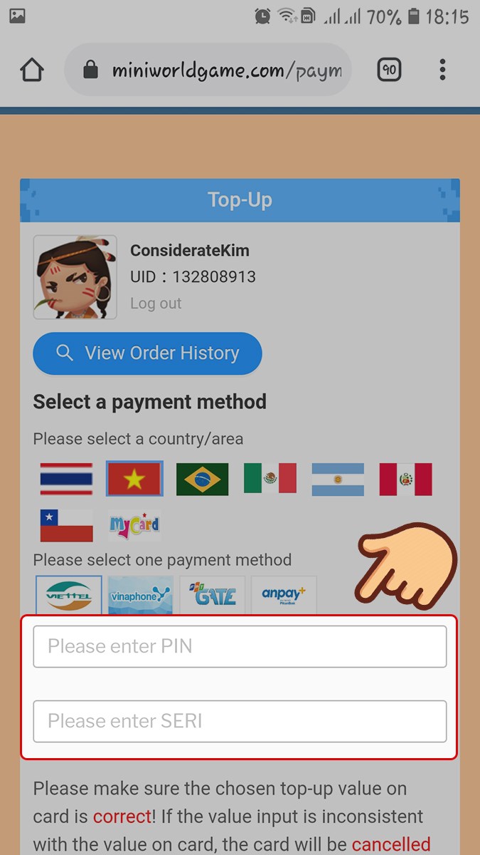 Nhập mã số PIN và số SERI trên thẻ Nhập mã số PIN và số SERI trên thẻ