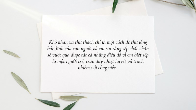 Khó khăn và thử thách chỉ là một cách để thử lòng bản lĩnh của con người và em tin rằng sếp chắc chắn sẽ vượt qua được tất cả những điều đó vì em biết sếp là một người trẻ, tràn đầy nhiệt huyết và trách nhiệm với công việc. Khó khăn và thử thách chỉ là một cách để thử lòng bản lĩnh của con người và em tin rằng sếp chắc chắn sẽ vượt qua được tất cả những điều đó vì em biết sếp là một người trẻ, tràn đầy nhiệt huyết và trách nhiệm với công việc.