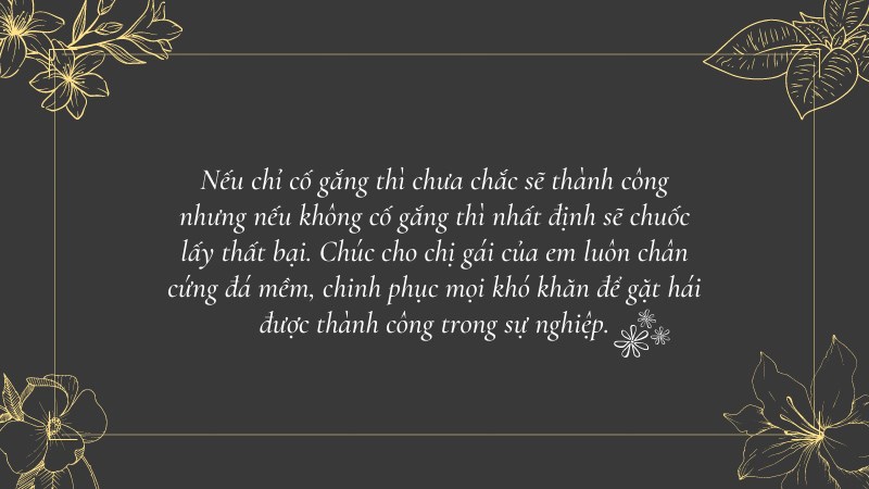 Nếu chỉ cố gắng thì chưa chắc sẽ thành công nhưng nếu không cố gắng thì nhất định sẽ chuốc lấy thất bại. Chúc cho chị gái của em luôn chân cứng đá mềm, chinh phục mọi khó khăn để gặt hái được thành công trong sự nghiệp. Nếu chỉ cố gắng thì chưa chắc sẽ thành công nhưng nếu không cố gắng thì nhất định sẽ chuốc lấy thất bại. Chúc cho chị gái của em luôn chân cứng đá mềm, chinh phục mọi khó khăn để gặt hái được thành công trong sự nghiệp.