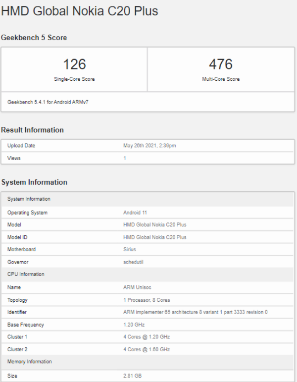 Nokia C20 Plus xuất hiện trên Geekbench Nokia C20 Plus xuất hiện trên Geekbench