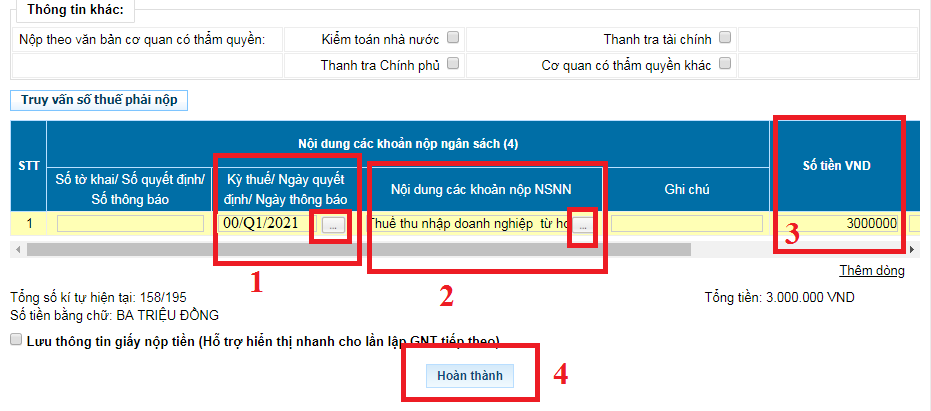 Chọn loại thuế cần nộp