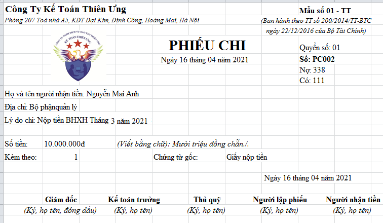 Mẫu phiếu chi Excel theo TT 200 Mẫu phiếu chi Excel theo TT 200
