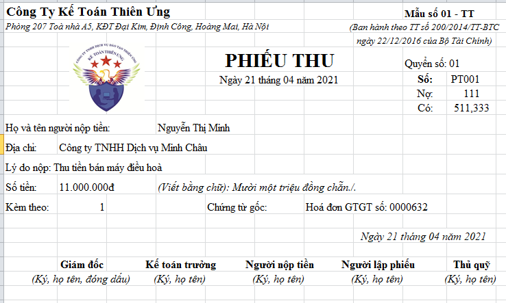 Mẫu phiếu thu theo tt200 trên Excel