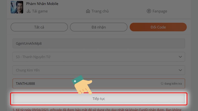 Nhấn Tiếp tục Nhấn Tiếp tục