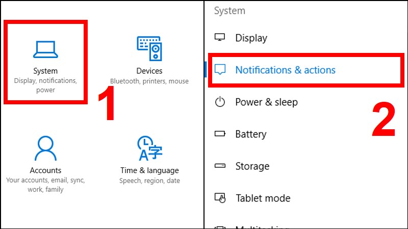 Chọn mục System > Nhấn mục Notifications & Actions