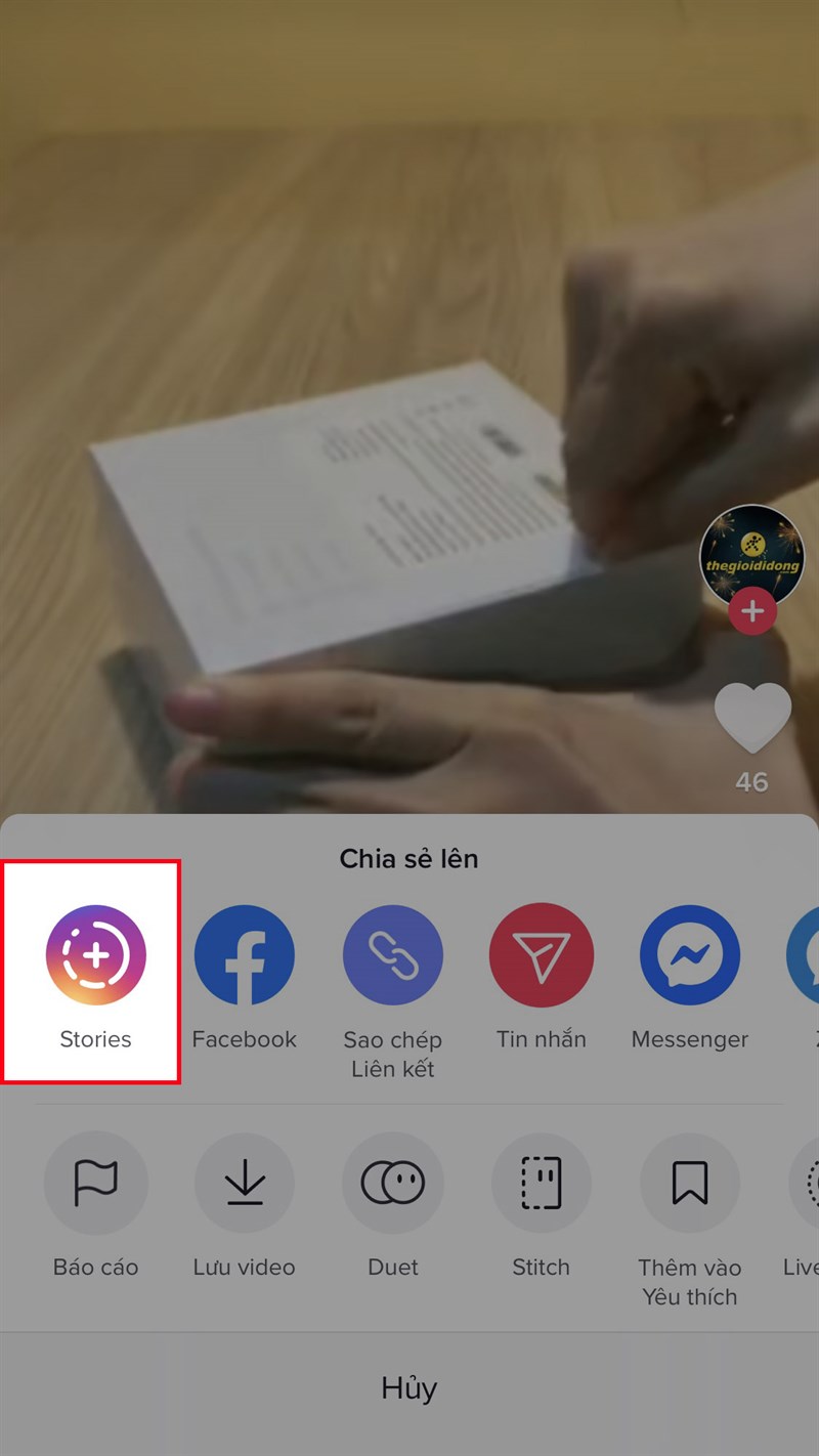 Tại mục Chia sẻ lên, chọn Stories và chờ quá trình lưu video hoàn tất (Đối với iOS).Đối với Android, tại mục Chia sẻ lên, bạn vuốt các biểu tượng sang phải để xuất hiện nút chọn Stories Tại mục Chia sẻ lên, chọn Stories và chờ quá trình lưu video hoàn tất (Đối với iOS).Đối với Android, tại mục Chia sẻ lên, bạn vuốt các biểu tượng sang phải để xuất hiện nút chọn Stories