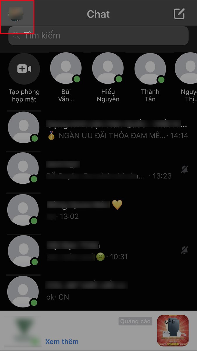Mở ứng dụng Messenger, nhấn vào ảnh đại diện của bạn ở góc trên bên trái Mở ứng dụng Messenger, nhấn vào ảnh đại diện của bạn ở góc trên bên trái