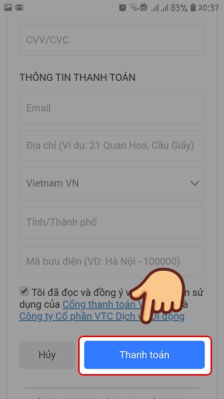 scoin-thenh-visa-450x800-1 Nếu ở bước 2 bạn chọn loại thẻ là Thẻ quốc tế, bạn chỉ cần điền thông tin thẻ của mình ở bảng hiện lên và chọn Thanh toán.