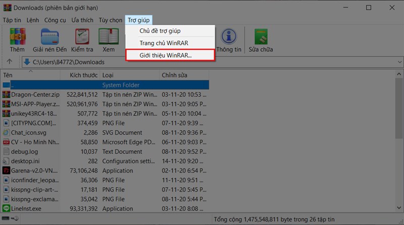 Mở phần giới thiệu WinRAR Mở phần giới thiệu WinRAR