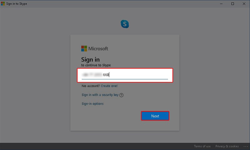 Nhập Email/Số điện thoại/ID Skype và nhấn Next Nhập Email/Số điện thoại/ID Skype và nhấn Next
