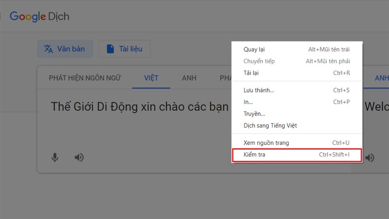 Nhấn chuột phải tại trang và chọn Kiểm tra Nhấn chuột phải tại trang và chọn Kiểm tra
