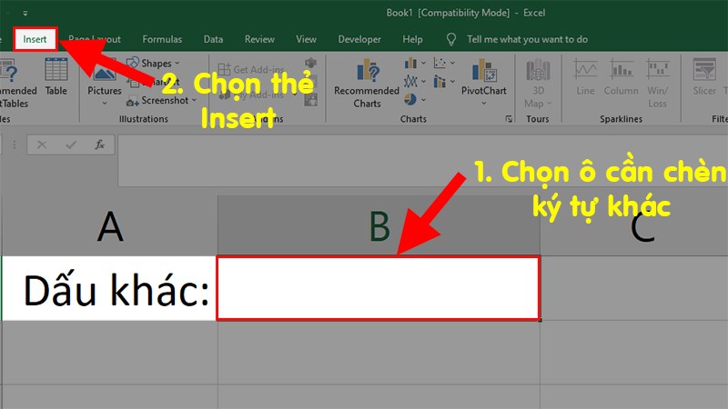 Mở file Excel > Đặt con trỏ chuột tại vị trí mà bạn muốn chèn ký hiệu > Chọn thẻ Insert Mở file Excel > Đặt con trỏ chuột tại vị trí mà bạn muốn chèn ký hiệu > Chọn thẻ Insert