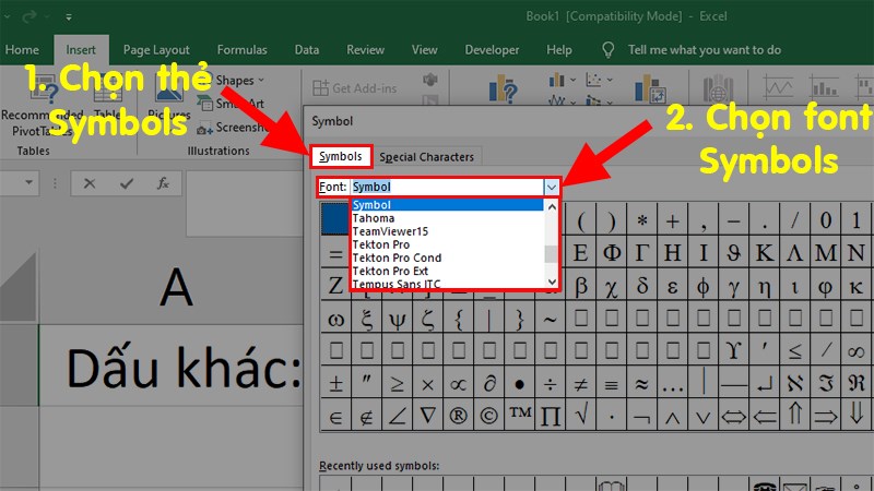 Hộp thoại hiên lên > Chọn thẻ Symbols > Tại mục Font nhấn vào mũi tên sổ xuống > Chọn Symbol Hộp thoại hiên lên > Chọn thẻ Symbols > Tại mục Font nhấn vào mũi tên sổ xuống > Chọn Symbol