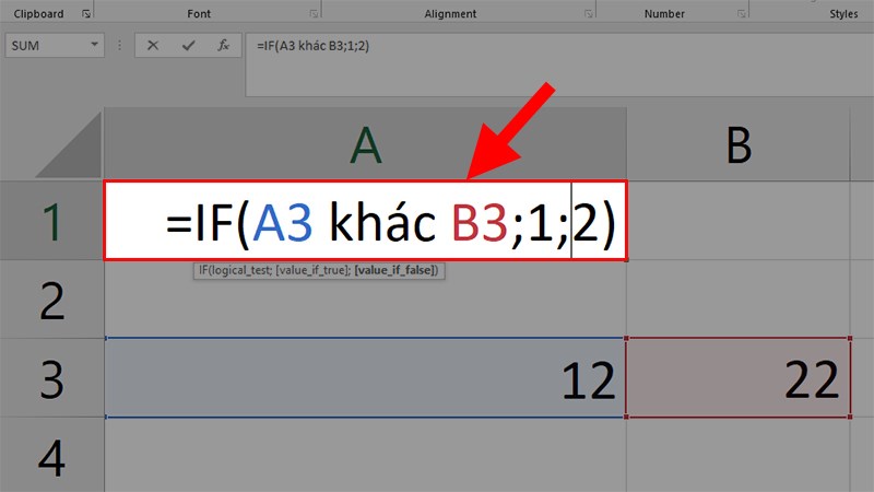 Công thức rút gọn là =IF(A3 khác B3,1,2) Công thức rút gọn là =IF(A3 khác B3,1,2)