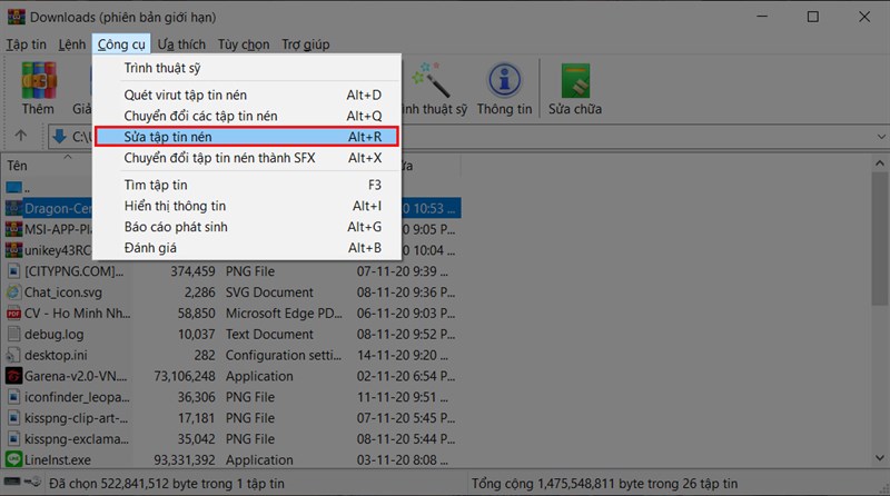 Chọn mục sửa tập tin nén Chọn mục sửa tập tin nén