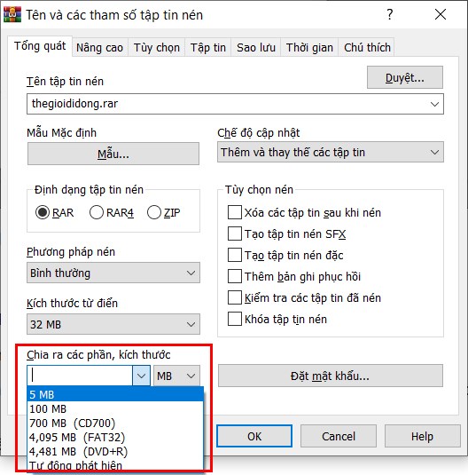 Nhập kích thước bạn muốn chia nhỏ file Nhập kích thước bạn muốn chia nhỏ file