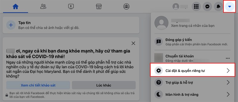 Nhấn vào biểu tượng tam giác ở góc trên bên phải > Chọn Cài đặt & quyền riêng tư Nhấn vào biểu tượng tam giác ở góc trên bên phải > Chọn Cài đặt & quyền riêng tư