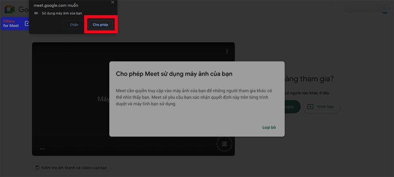 Khi lần đầu tiên bạn sử dụng Google Meet để học, họp online trên máy tính, Google Meet sẽ yêu cầu quyền truy cập micro và camera, bạn chỉ cần nhấn Cho phép là xong Khi lần đầu tiên bạn sử dụng Google Meet để học, họp online trên máy tính, Google Meet sẽ yêu cầu quyền truy cập micro và camera, bạn chỉ cần nhấn Cho phép là xong