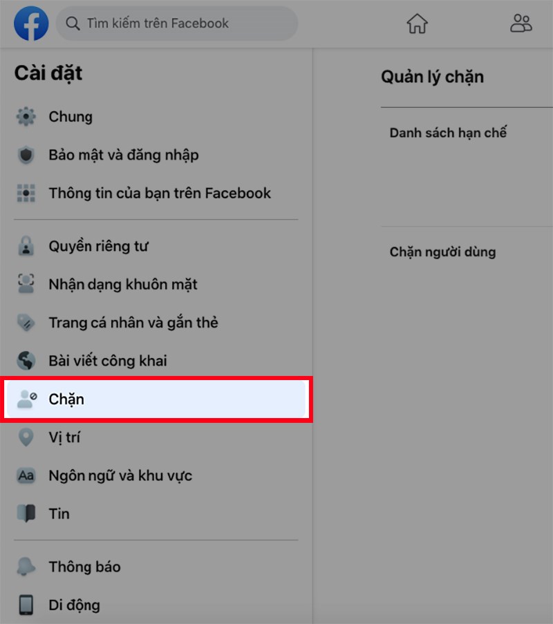 Chọn mục Chặn ở góc bên trái Chọn mục Chặn ở góc bên trái