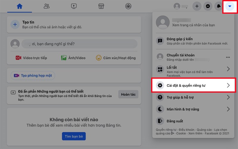 Mở Facebook trên máy tính, nhấn vào biểu tượng tam giác ở góc trên bên phải > Chọn Cài đặt & Quyền riêng tư Mở Facebook trên máy tính, nhấn vào biểu tượng tam giác ở góc trên bên phải > Chọn Cài đặt & Quyền riêng tư