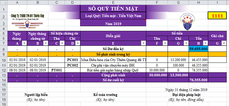 Sổ quỹ trên Excel