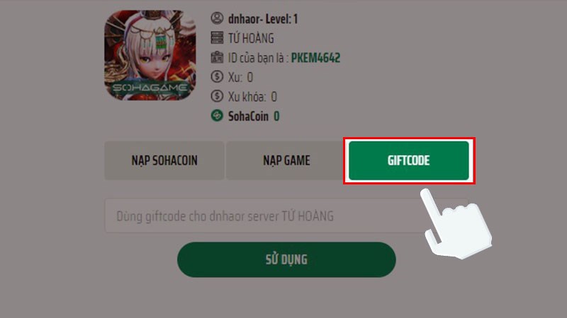 Chọn mục Giftcode Chọn mục Giftcode