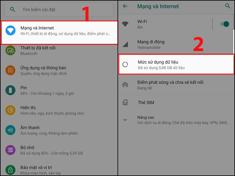 Chọn Mức sử dụng dữ liệu