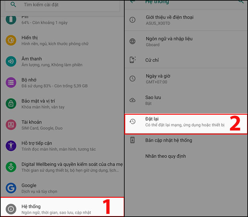 Chọn Hệ thống rồi sau đó Đặt lại