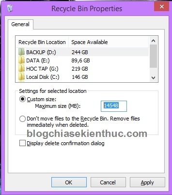 Chỉnh lại dung lượng thùng rác
