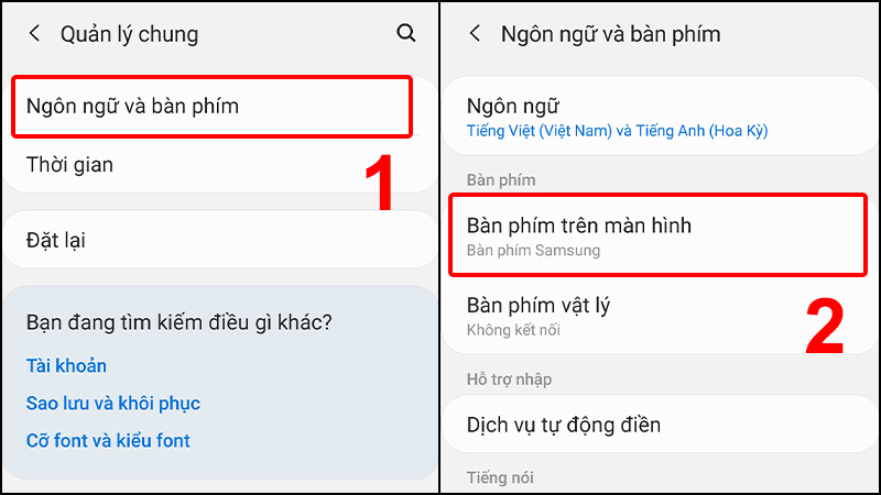 Vào Ngôn ngữ và bàn phím và chọn mục Bàn phím trên màn hình
