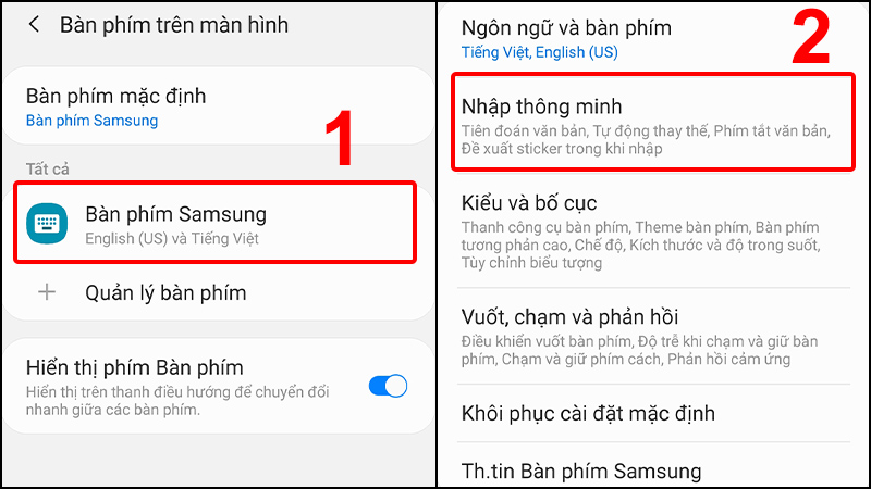 Nhấn vào Bàn phím Samsung và chọn Nhập thông minh