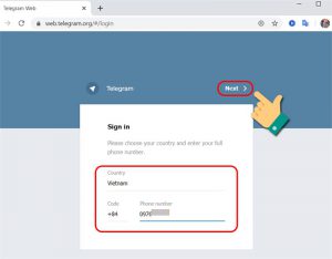 Chọn quốc gia và nhập số điện thoại trên Telegram