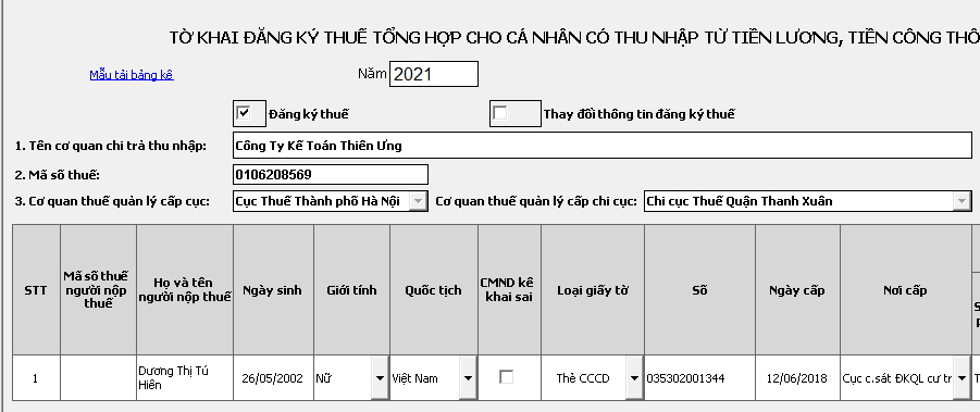 Tờ khai đăng ký mã số thuế TNCN
