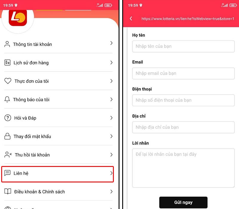Hộp thư góp ý trên ứng dụng Lotteria Hộp thư góp ý trên ứng dụng Lotteria