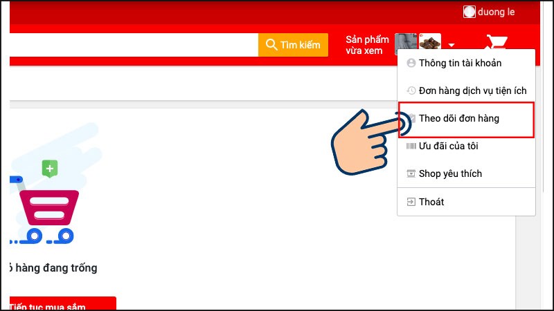 Chọn vào mục Tài khoản > Chọn Theo dõi đơn hàng Chọn vào mục Tài khoản > Chọn Theo dõi đơn hàng